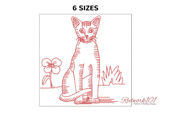 Abyssinian Cat Sitting Redwork for Boutique Embroidery