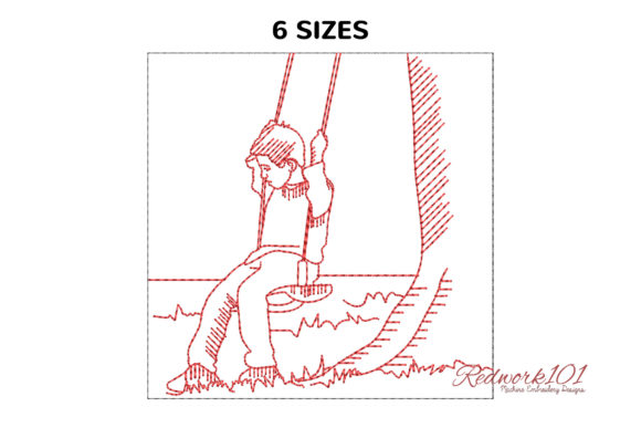 Cute Boy Playing on Swing Redwork Review